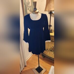Vintage 70s Midnight Blue Boho Cottagecore Mini Dress M